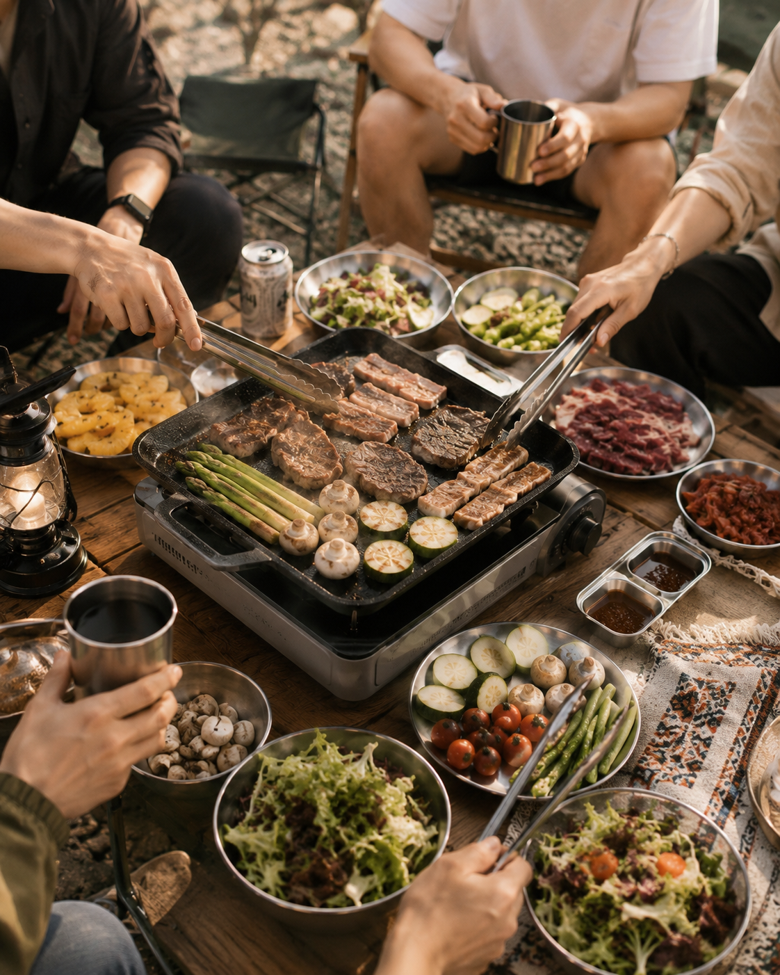 三五好友在山上戶外烤肉聚餐