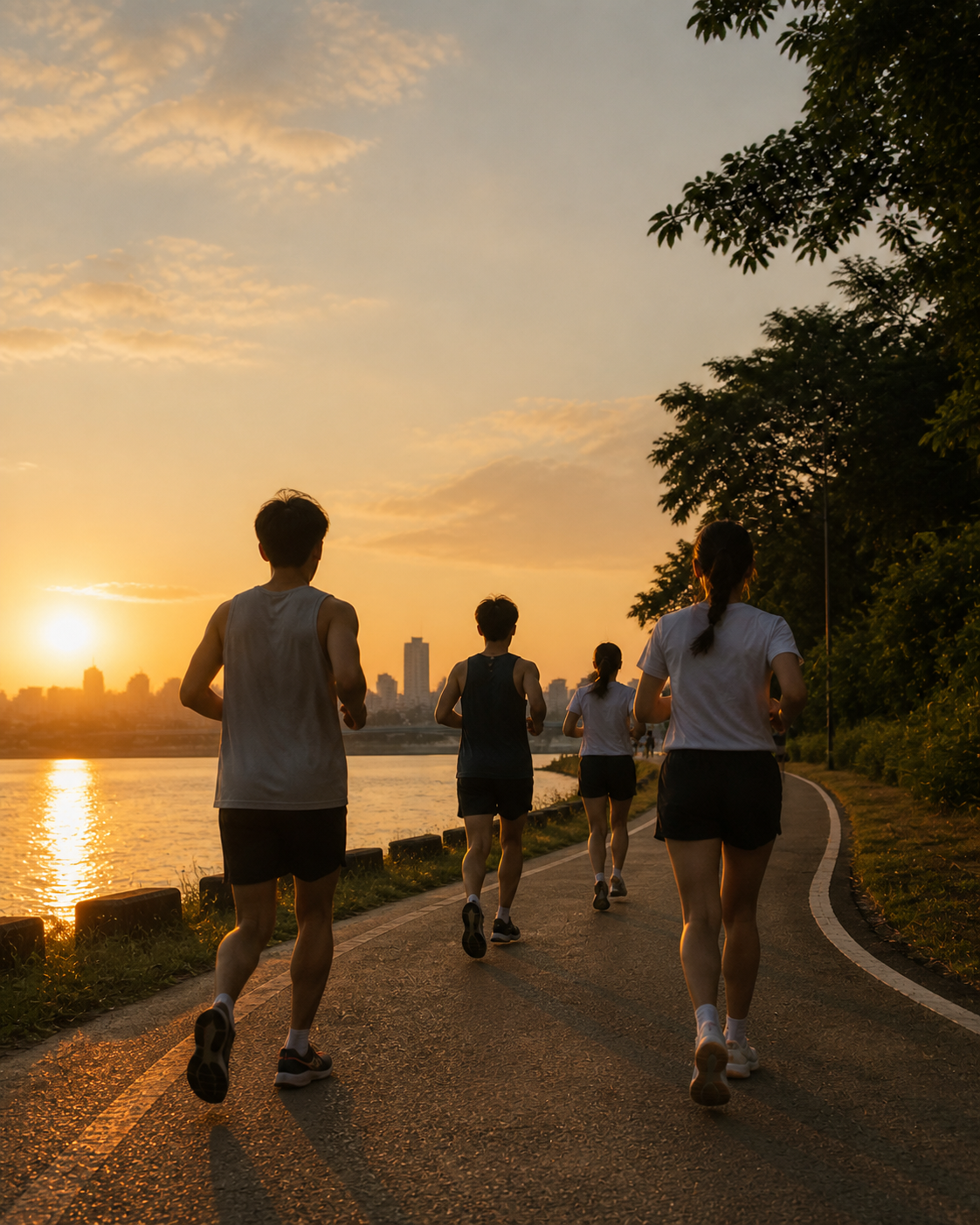 一群跑者在夕陽河岸跑步